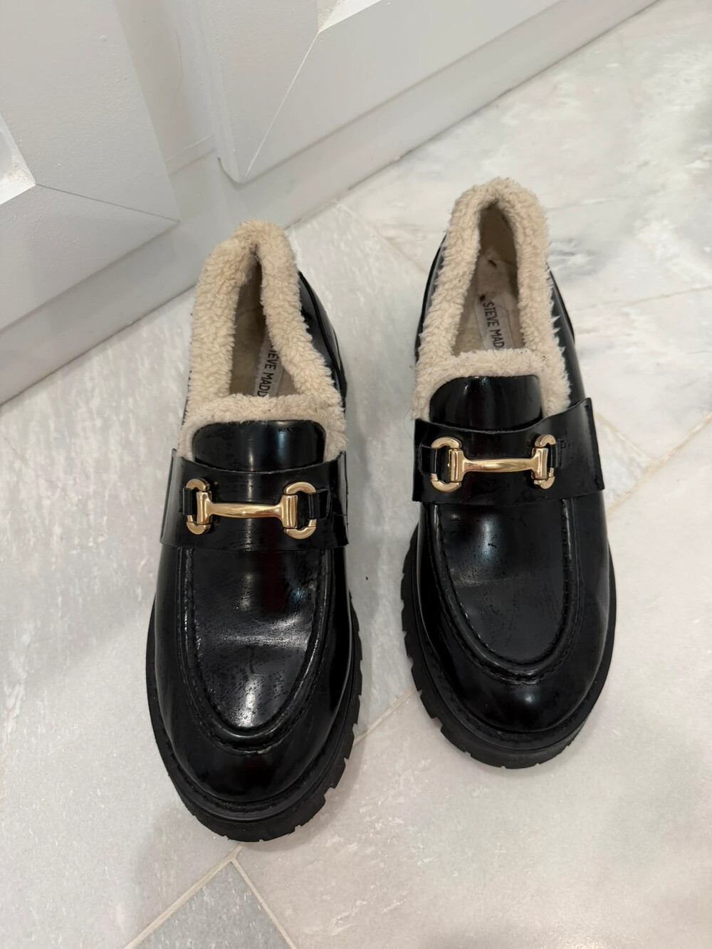Steve Madden patent leather faux fur slipons black new without tags